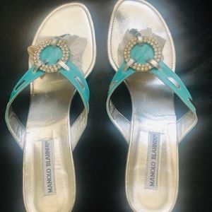 Turquoise Manolo Blahnik Jeweled Kitten Heels Sand